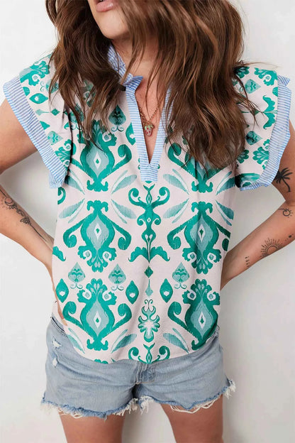 Sarah Express Women's Ethnic Print Striped Trim Flutter Sleeve Top