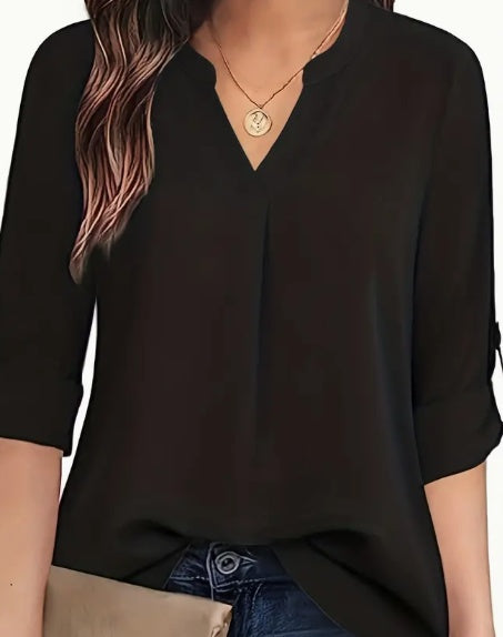 Sarah Express Solid V-Neck Blouse Long Sleeve Relaxed Fit Casual Top