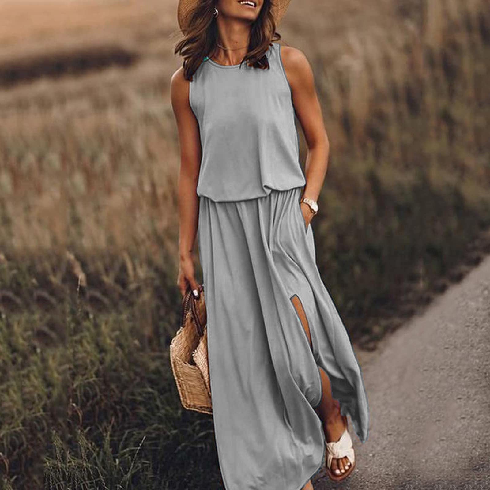 Sarah Express Women's Sleeveless Round Neck Dress with Side Split Solid Color