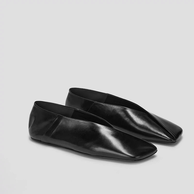 Sarah Express Women's French-Style Genuine Leather Square-Toe Flat Shoes - Elegant Slip-On Dress Flats Black