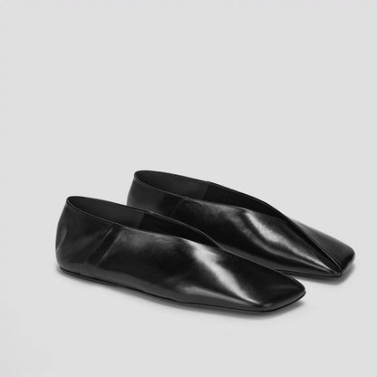 Sarah Express Women's French-Style Genuine Leather Square-Toe Flat Shoes - Elegant Slip-On Dress Flats Black