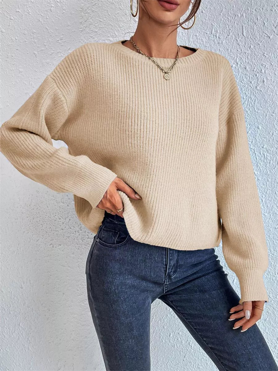 Sarah Express Women's Ribbed Knit Dropped Shoulder Sweater Tan