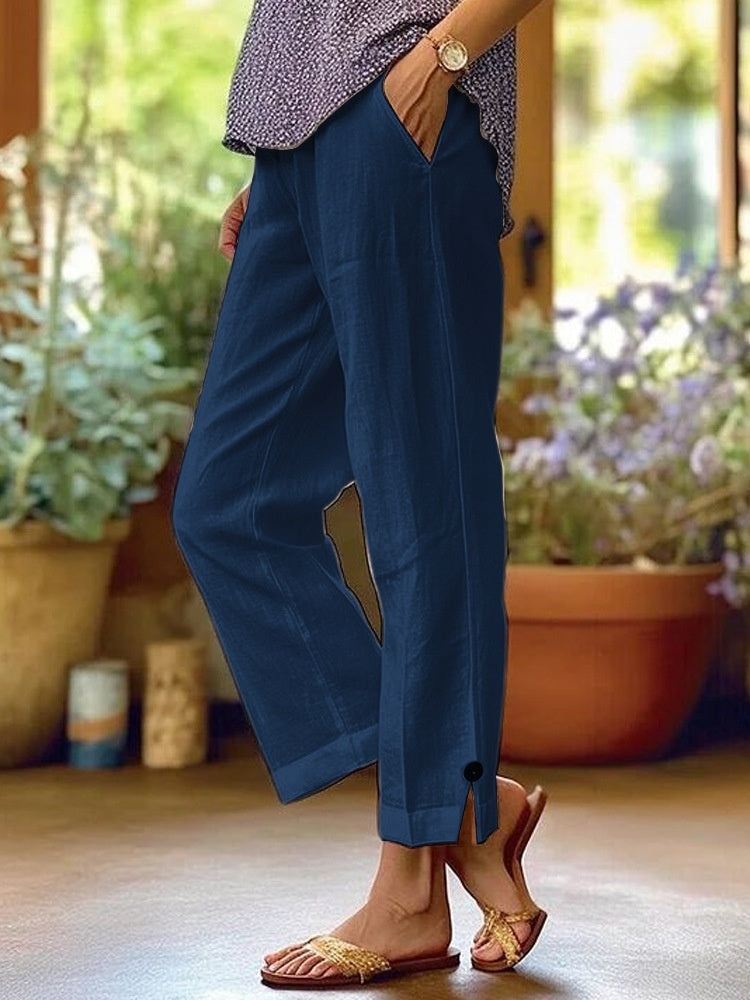 Sarah Express Women's Cotton Straight Leg Pants - Casual Mid-Waist Loose Fit Trousers