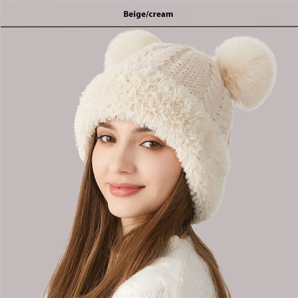 Sarah Express Women's Double Pom-Pom Knitted Winter Hat Fur Ball Dome Crown Windproof