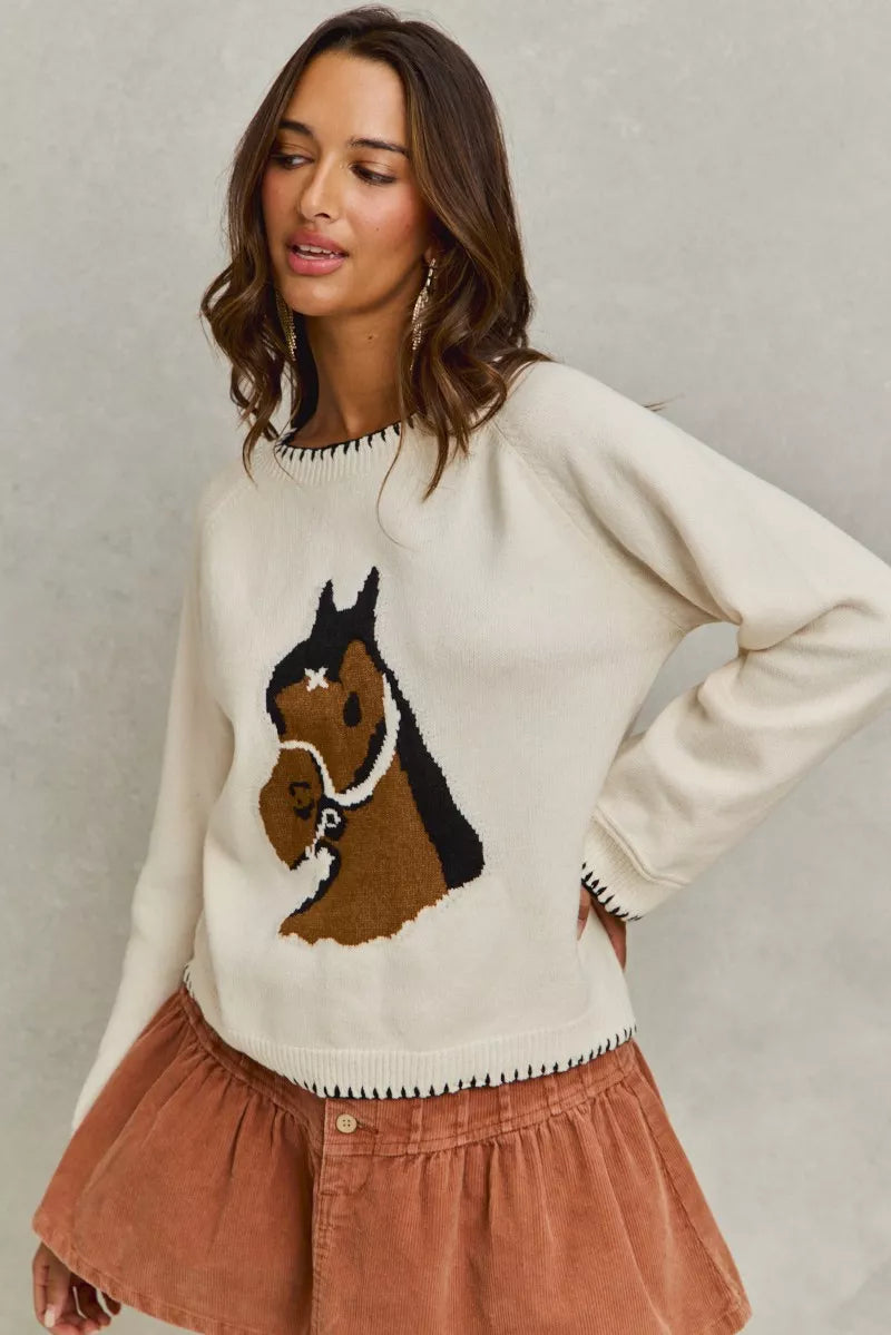 Sarah Express Women's Horse Knit Sweater Top - Cozy Blanket Stitch Pullover