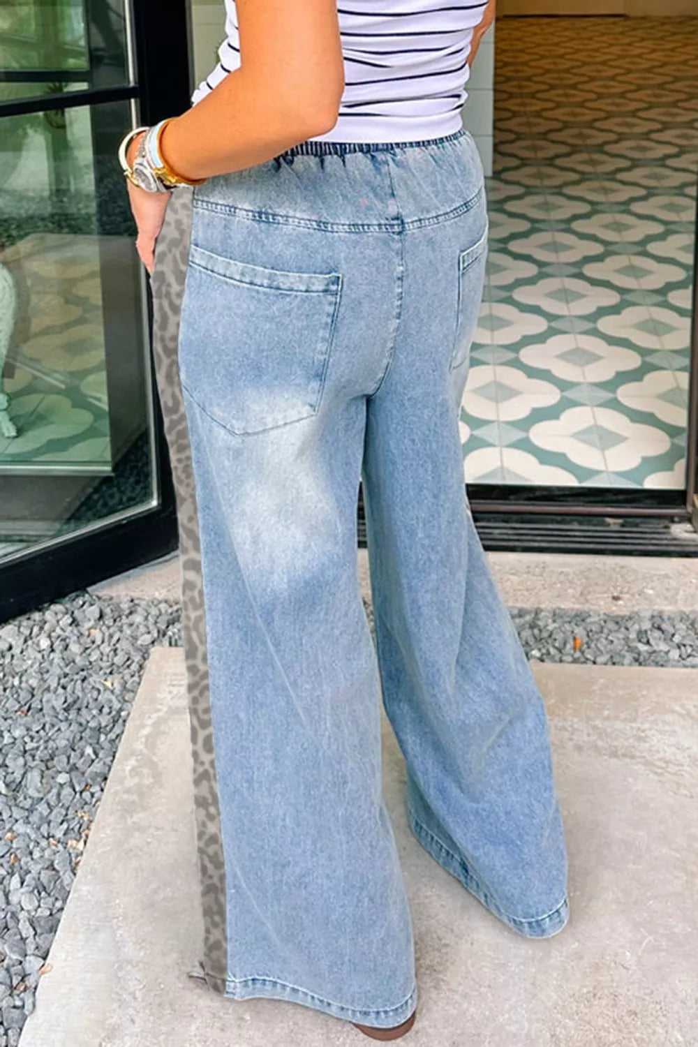 Sarah Express Women's Wide Leg Leopard Print Jeans with Drawstring