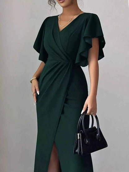 Sarah Express Women's Surplice Flutter Sleeve Maxi Dress - Ruched Slit Evening Dress Green