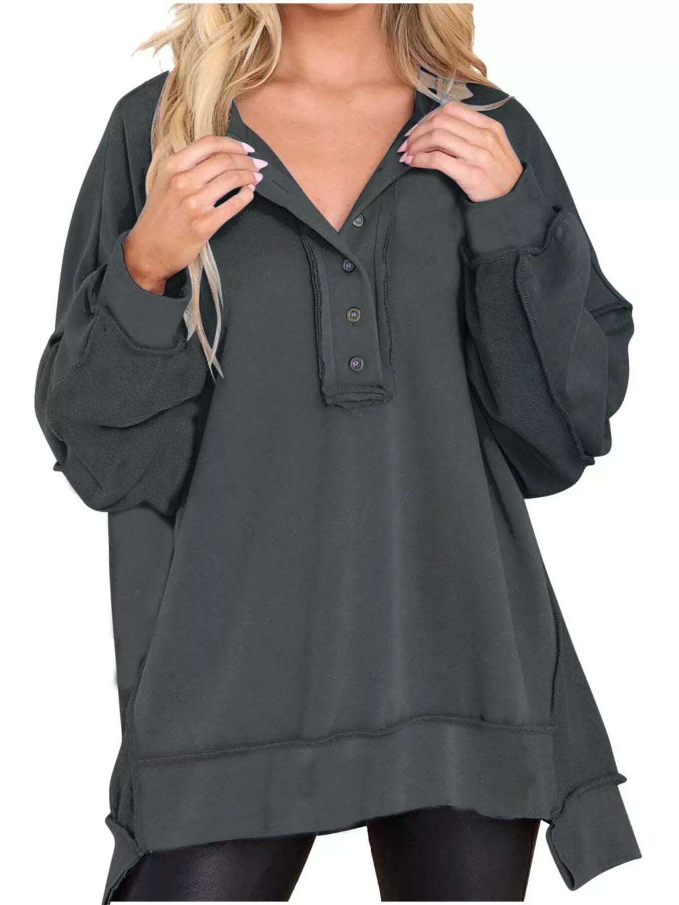 Sarah Express Women's Half Snap Long Sleeve Oversized Sweatshirt Gray