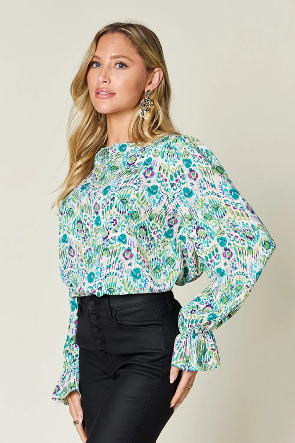 Sarah Express Women's Printed Flounce Sleeve Blouse - Basic Style Top