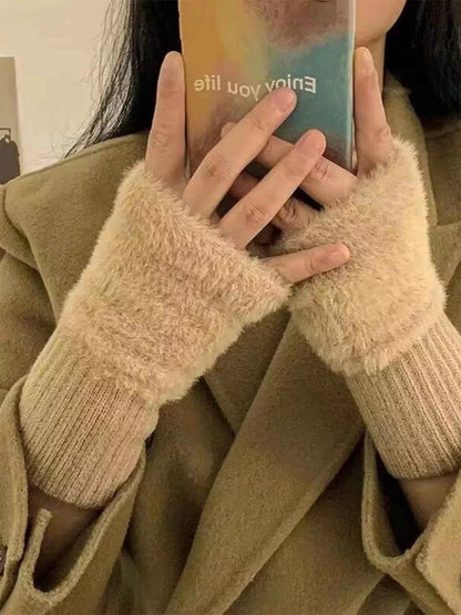 Sarah Express Women's Fuzzy Cuff Fingerless Gloves - Warm Winter Knit Mittens Camel ONESIZE