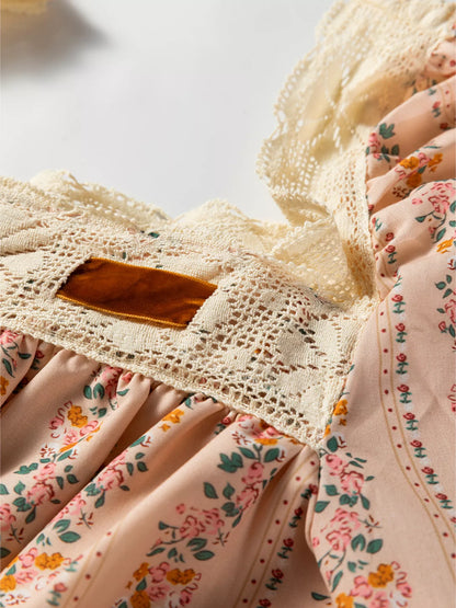 Sarah Express Women's Floral Print Bow Lace Long Sleeve Mini Dress - Romantic Loose Fit