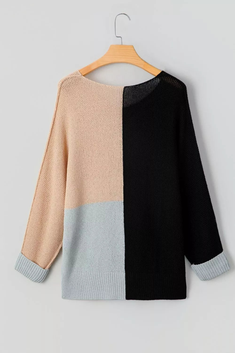 Sarah Express Women's Color Block Knit V Neck Loose Sweater - Ribbed Oversized Pullover