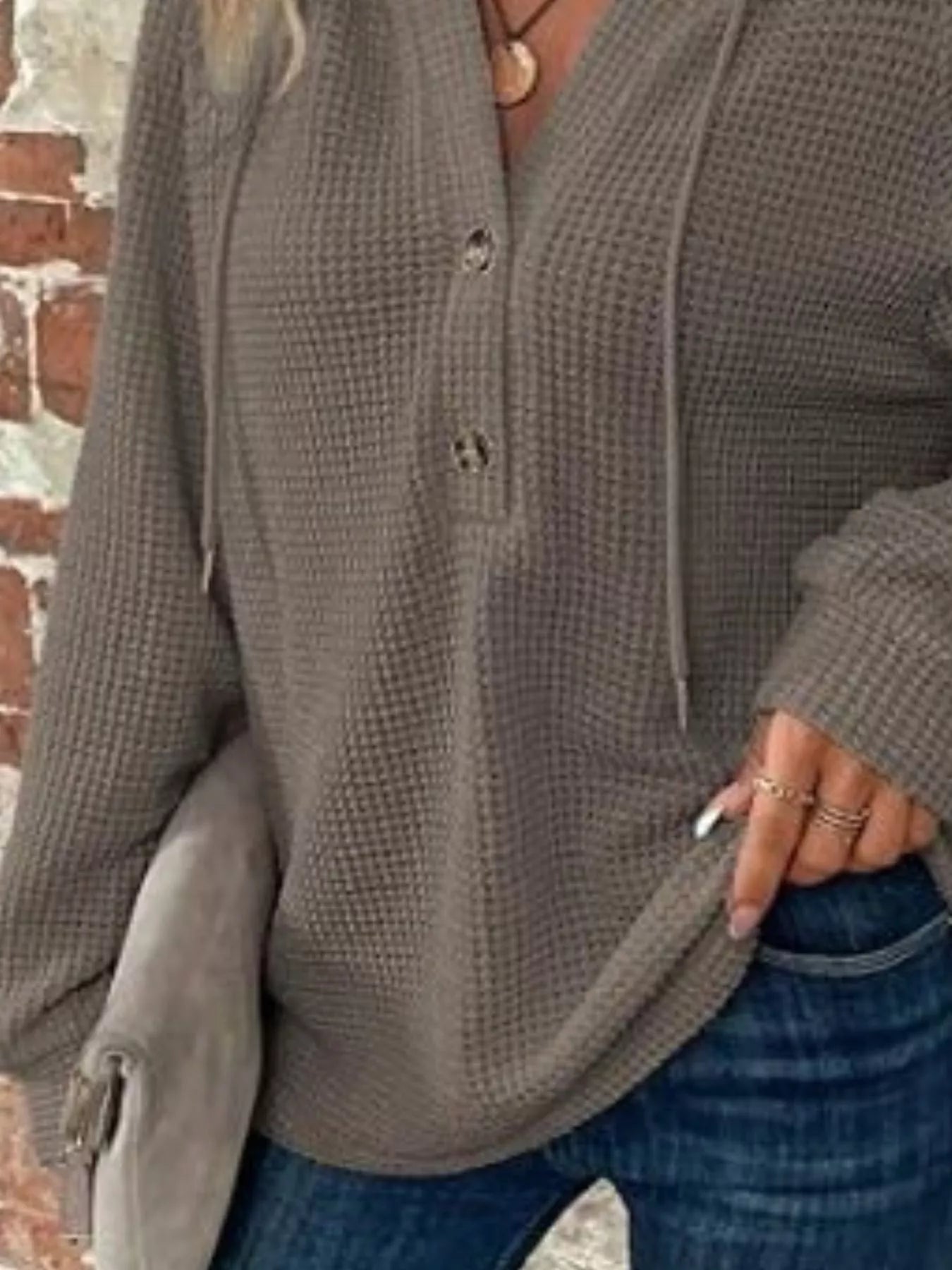 Sarah Express Women's Waffle Knit Button Detail Hoodie