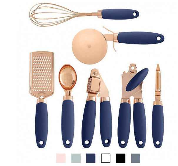 Sarah Express Rose Gold Kitchen Peeler & Utensil Set - 7 Piece Stainless Steel Cookware Tools Blue