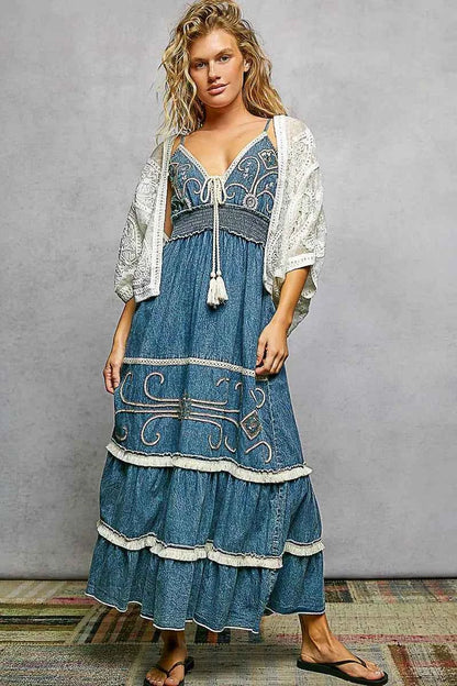 Sarah Express Women's Open Front Crochet Cardigan with Floral Embroidery - Lightweight Summer Cardigan