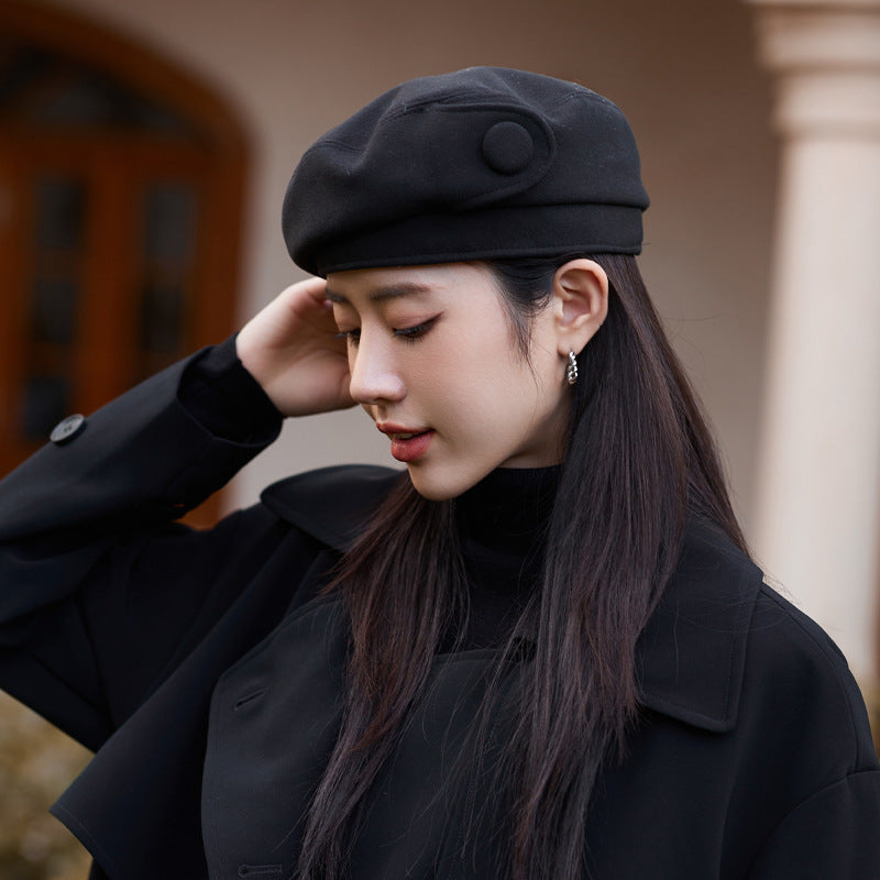 Sarah Express Button Detail Dome Crown Beret Hat Cotton Blend Classic Fall Winter Accessory