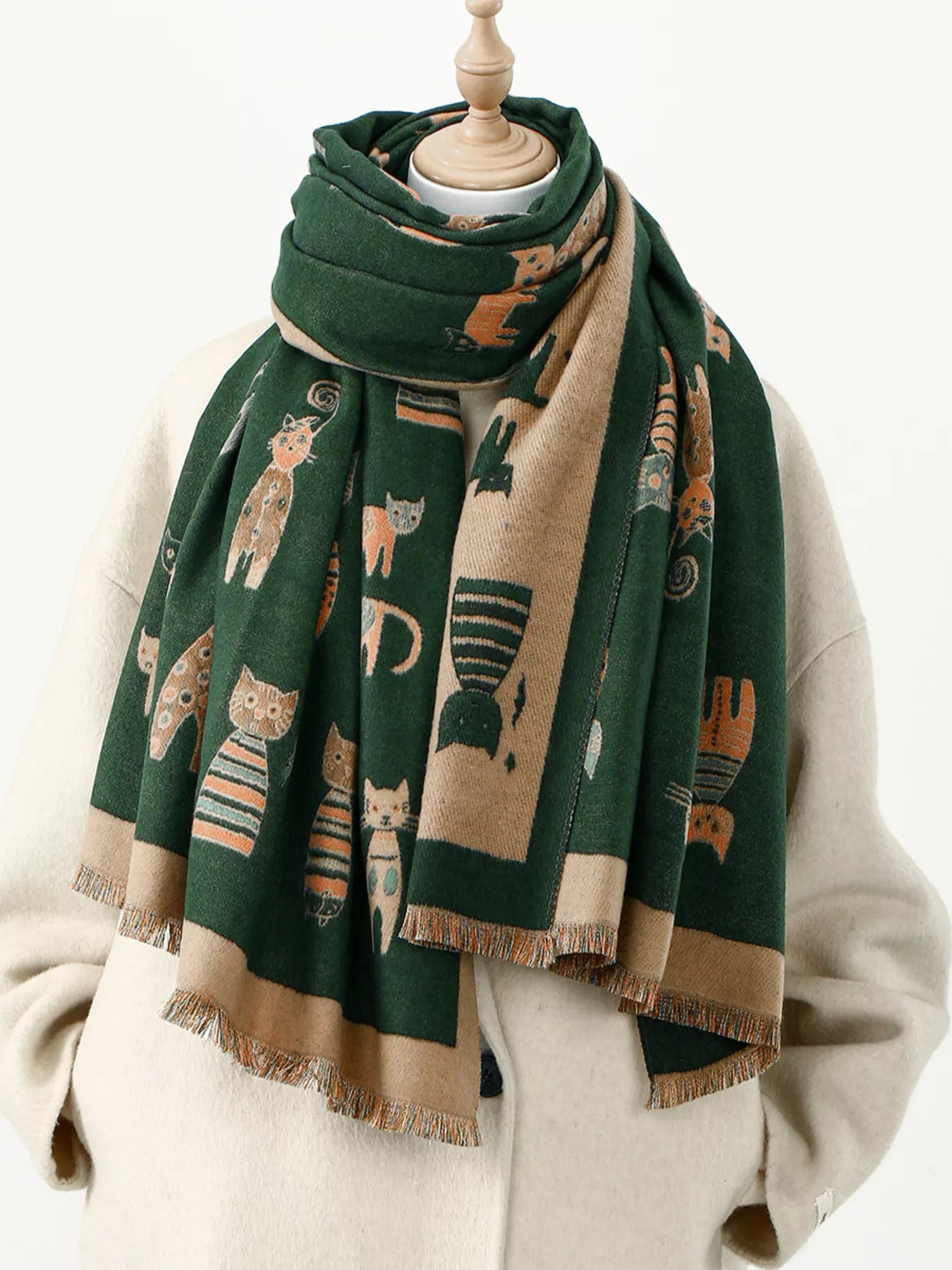 Sarah Express Women's Cute Cat Pattern Raw Hem Scarf Dark Green One Size