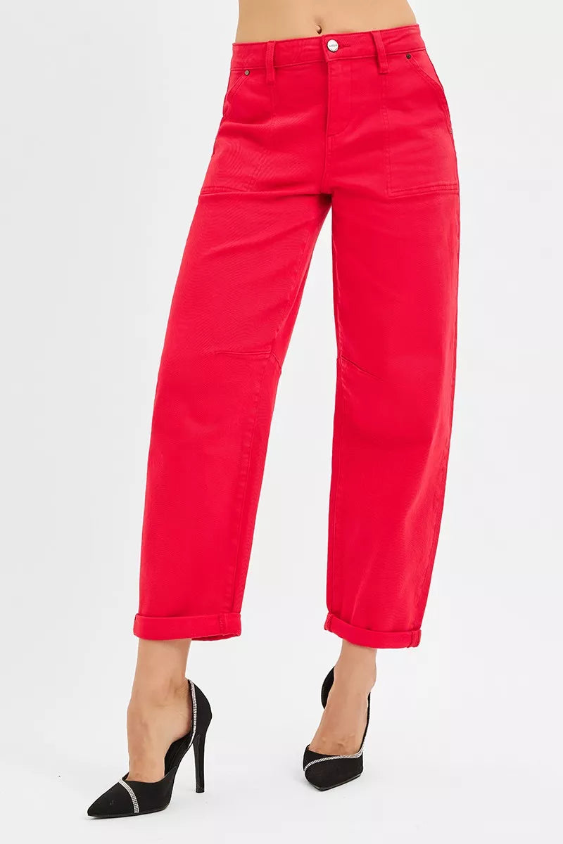 Sarah Express Women's High Rise Ankle Cuffed Barrel Pants SCARLET