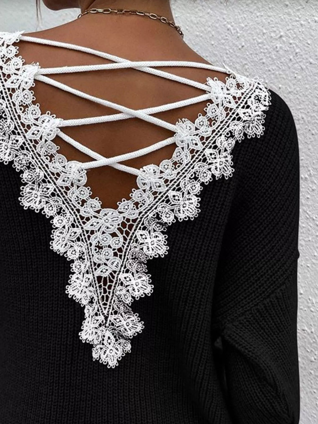 Sarah Express Women's Lace-Trimmed Back V-Neck Sweater