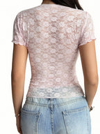 Sarah Express Women's Lace Short Sleeve T-Shirt with Bow Detail