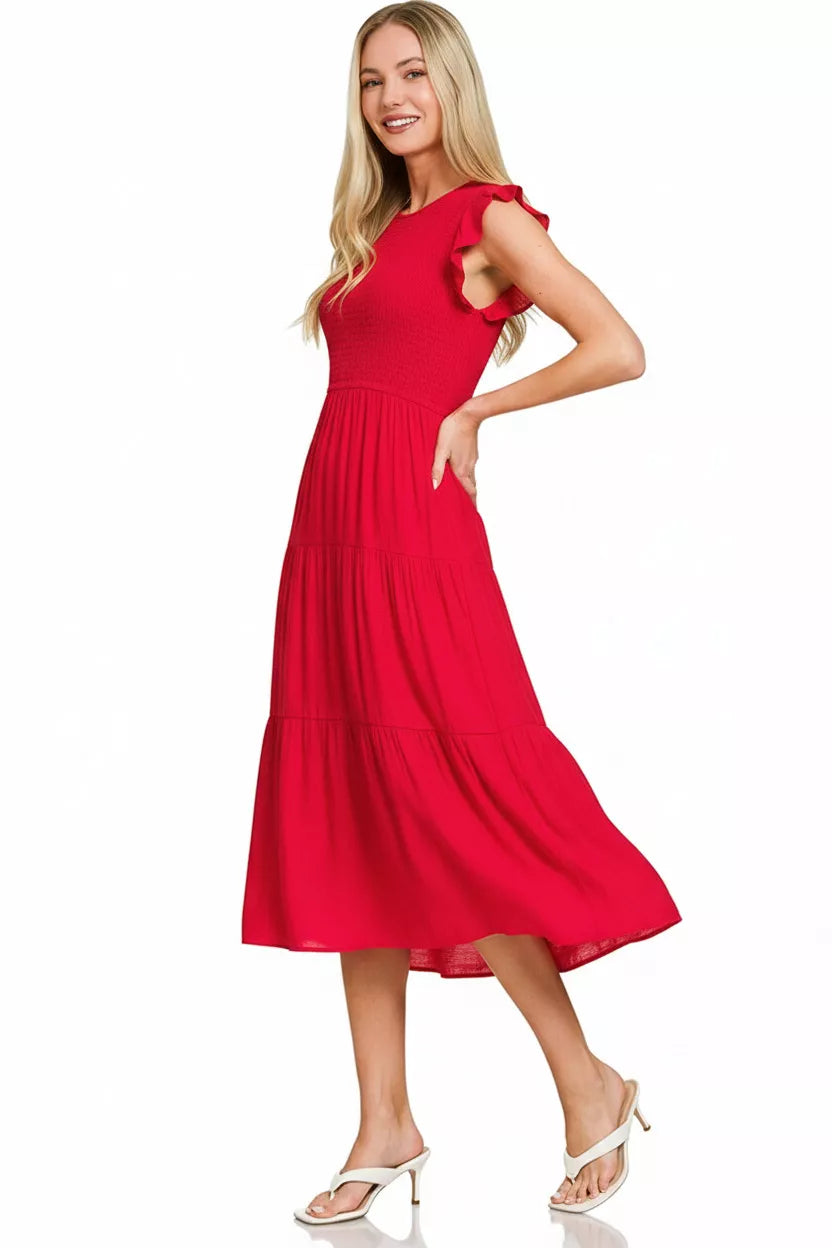 Sarah Express Women's Woven Smocked Ruffle Sleeve Midi Dress