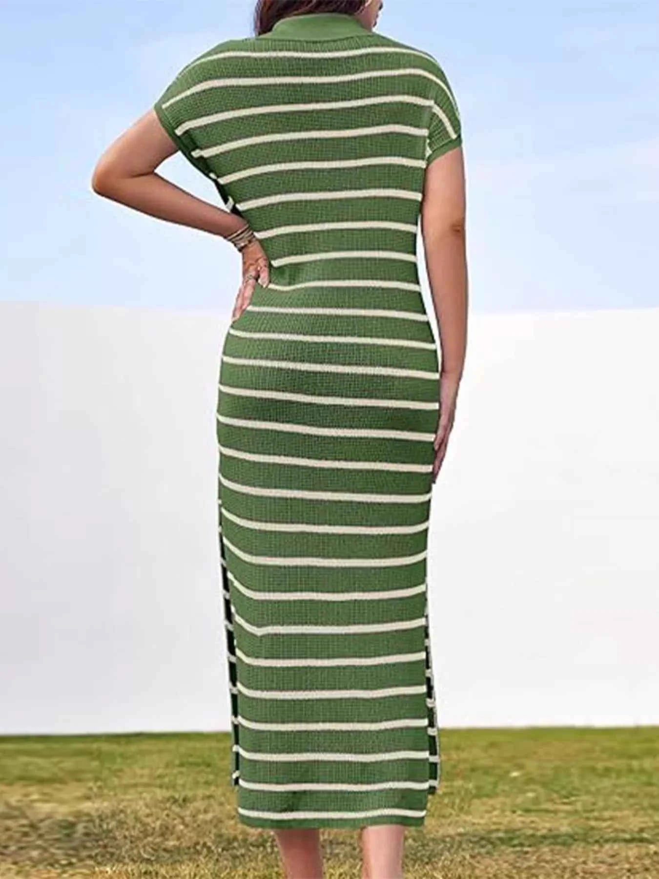Sarah Express Women's Striped Knit Midi Dress with Slit - Short Sleeve