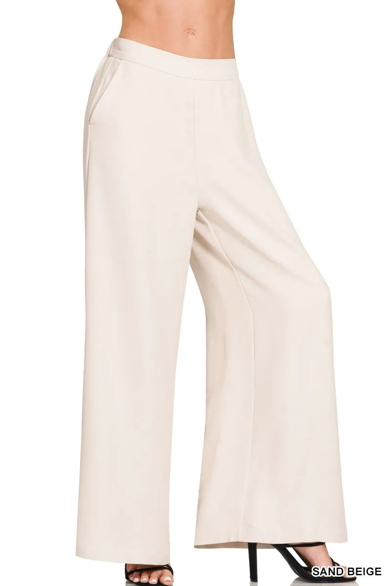 Sarah Express Women's Relaxed Fit Wide Leg Pants - Elastic Waist Pocketed Trousers SAND BEIGE