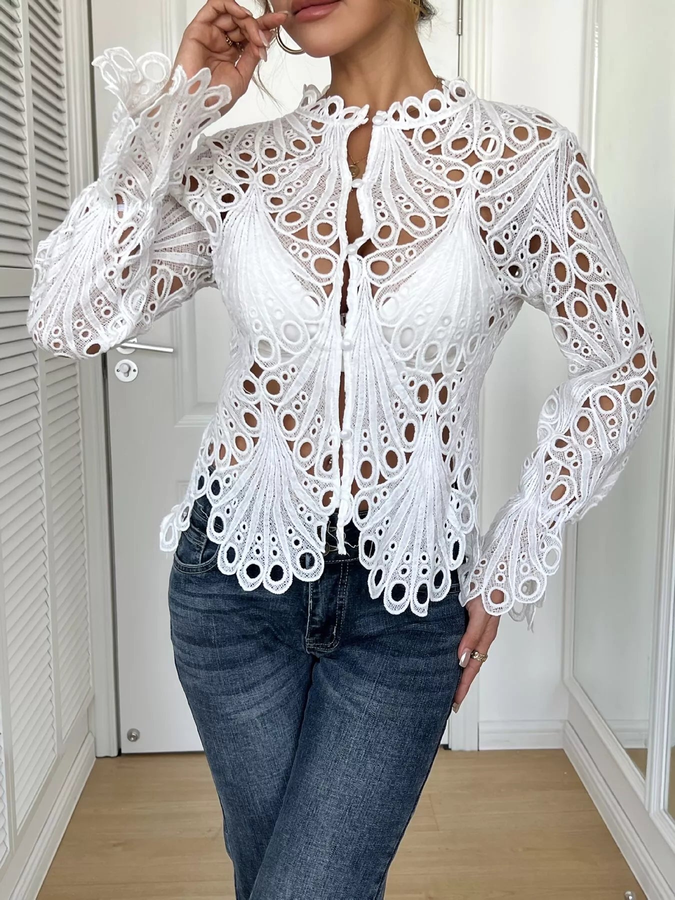 Sarah Express Women's Lace Button Up Long Sleeve Shirt - Elegant Openwork Blouse