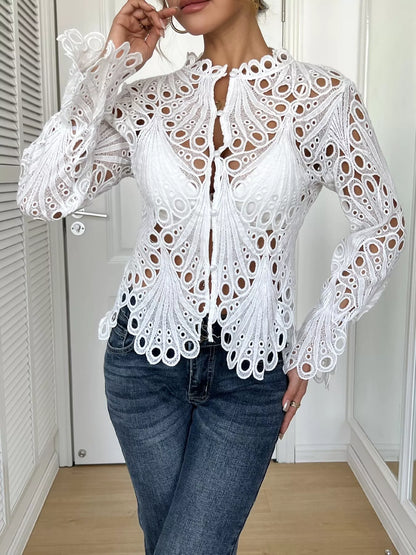 Sarah Express Women's Lace Button Up Long Sleeve Shirt - Elegant Openwork Blouse