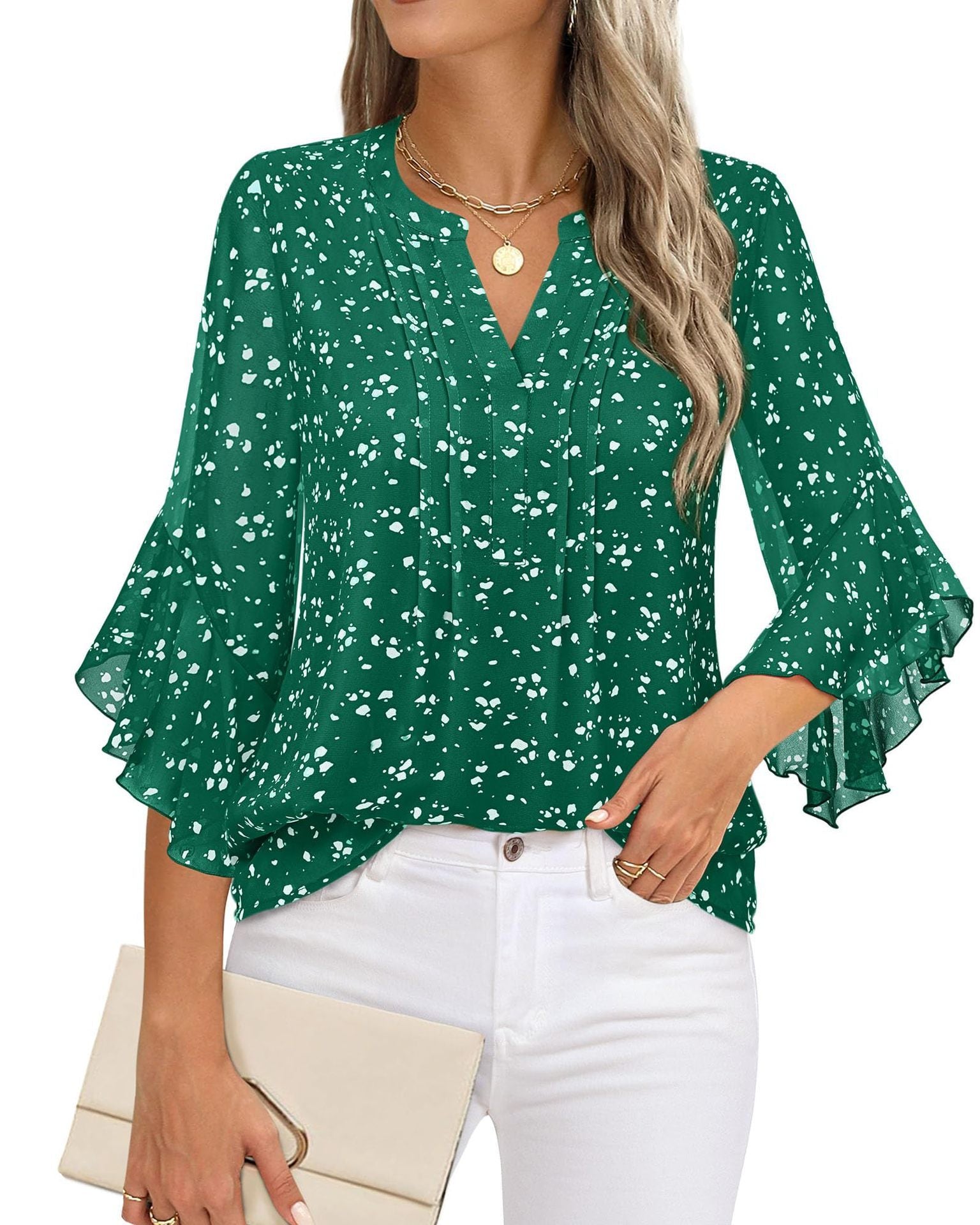 Sarah Express Women's Lotus Leaf Ruffle Sleeve Pullover Top Loose Fit 3/4 Sleeve