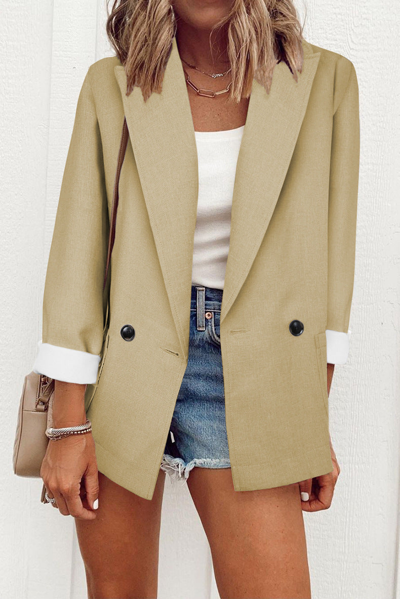 Sarah Express Women's Double-Breasted Blazer Loose Fit Suit Collar Long Sleeve Jacket