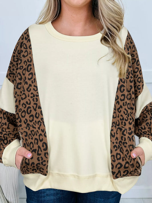 Sarah Express Women's Leopard Print Round Neck Sweatshirt with Pockets Beige