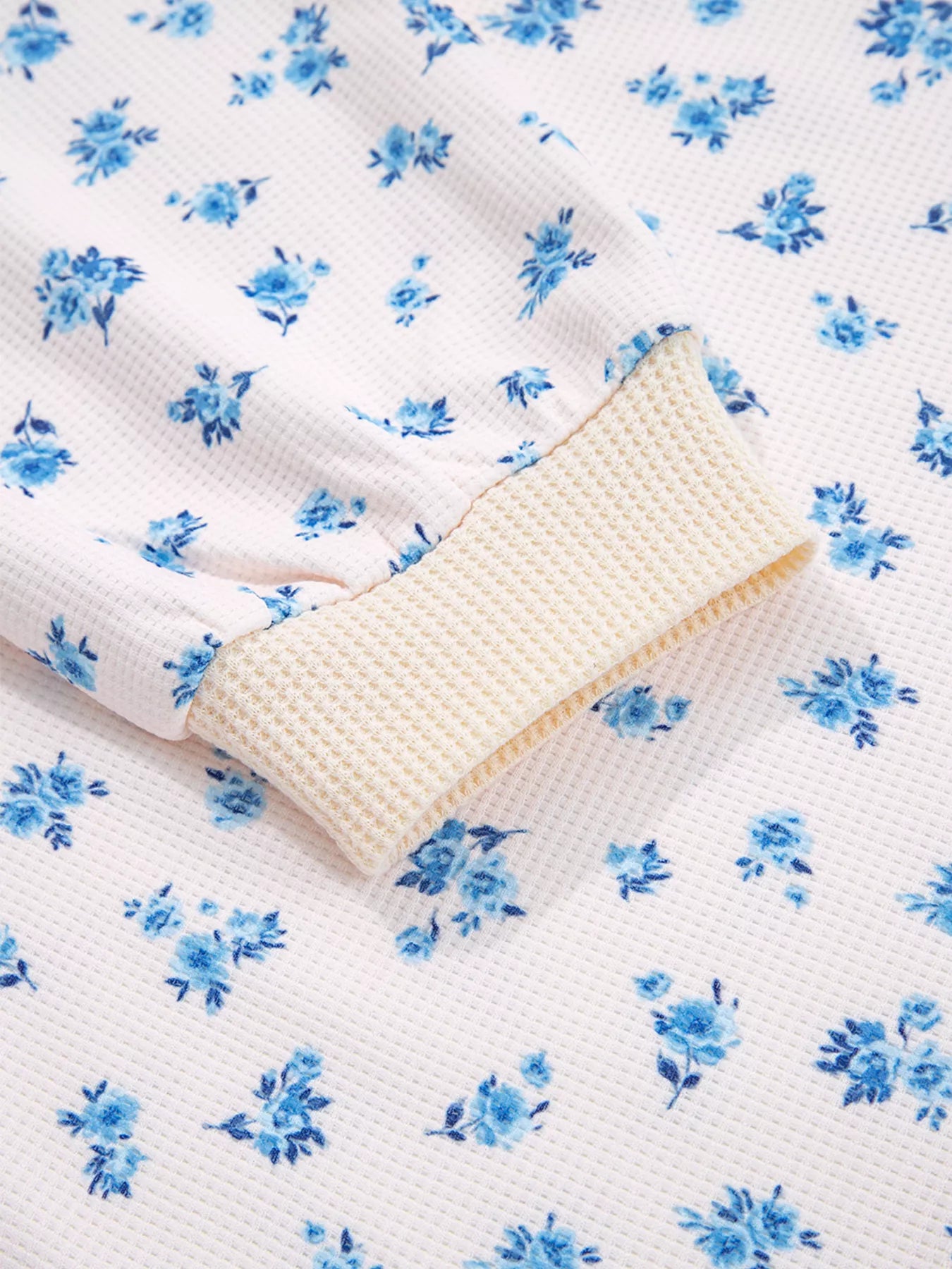 Sarah Express Women's Waffle Knit Floral Color Block Patchwork Balloon Sleeves Oversized Top