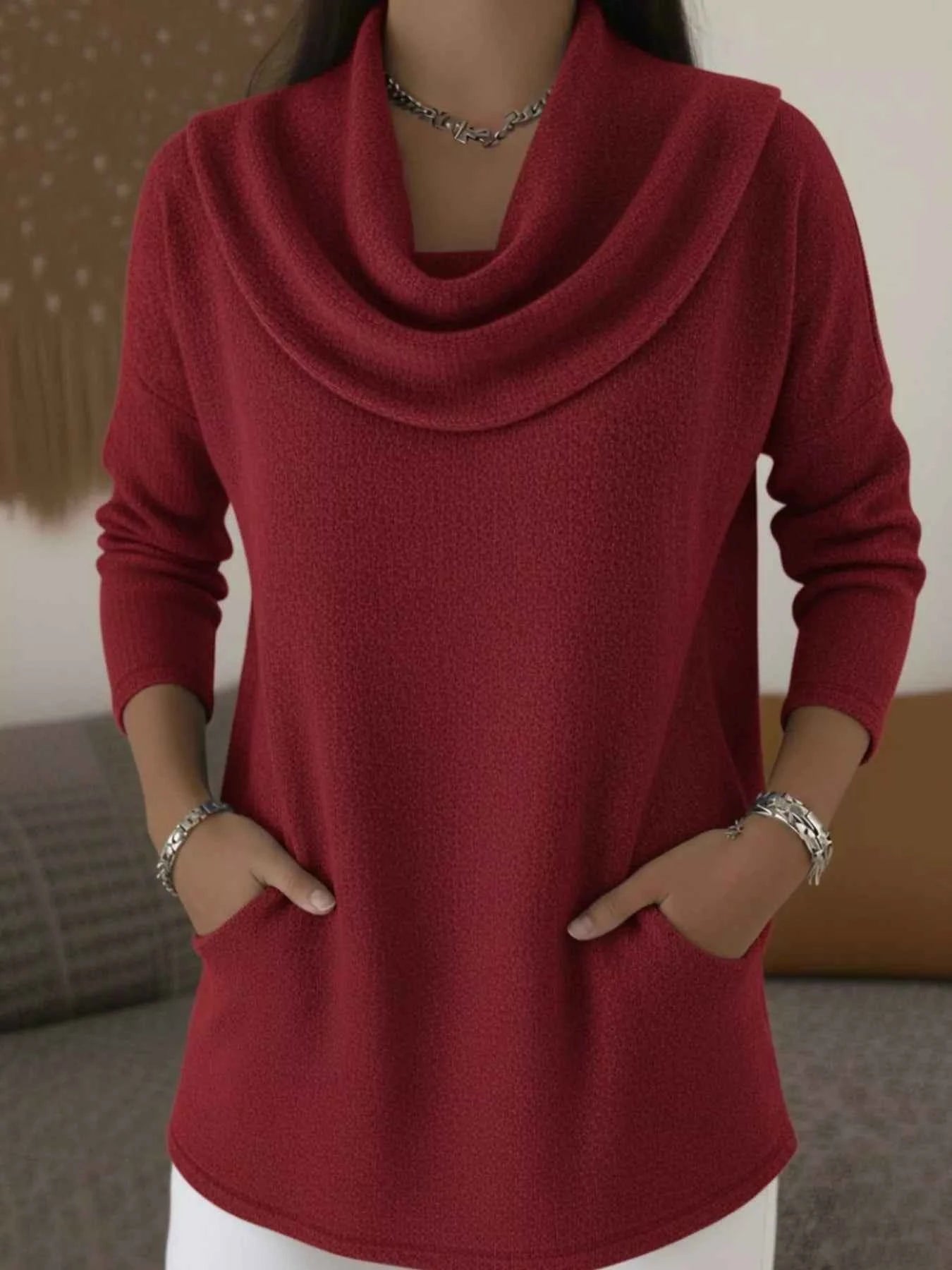 Sarah Express Women's Cowl Neck Long Sleeve Top - Plus Size Casual Tunic Blouse with Pockets Red