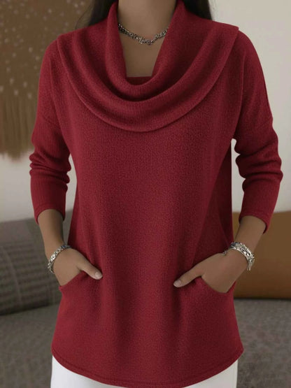 Sarah Express Women's Cowl Neck Long Sleeve Top - Plus Size Casual Tunic Blouse with Pockets Red