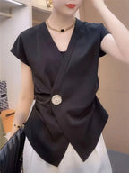 Sarah Express Women's Plus Size Wrap Front Blouse with Decorative Button Detail