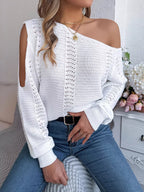 Sarah Express Women's Openwork One Shoulder Cutout Long Sleeve Sweater White
