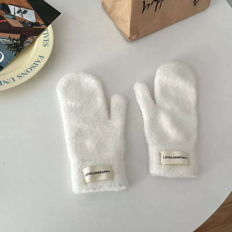 Sarah Express Women's Warm Plush Knitted Mitten Gloves - Faux Cashmere Winter Mittens White ONESIZE