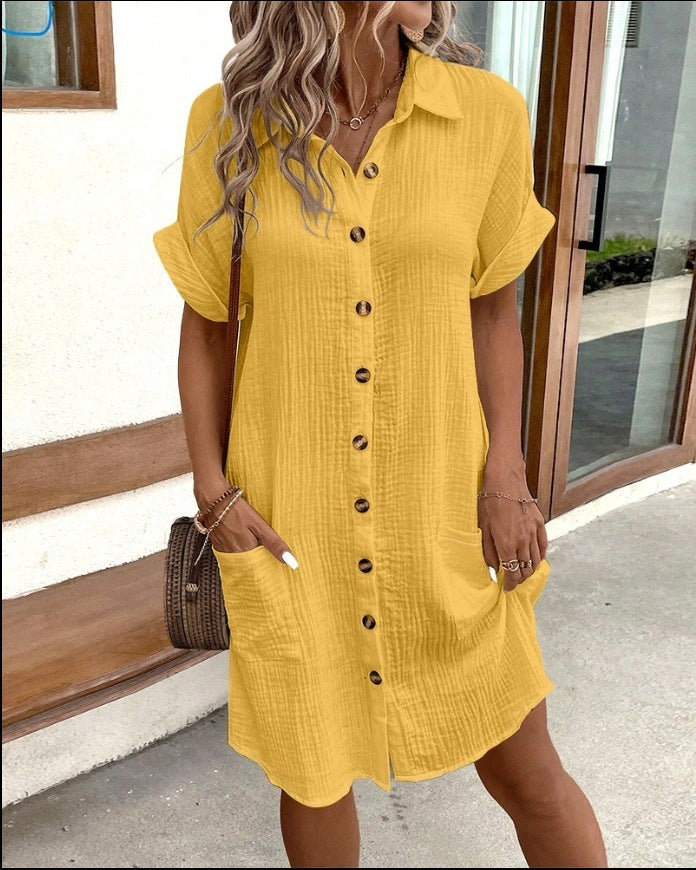 Women's Button-Front Shirt Dress Short Sleeve Mid-Length Loose Fit