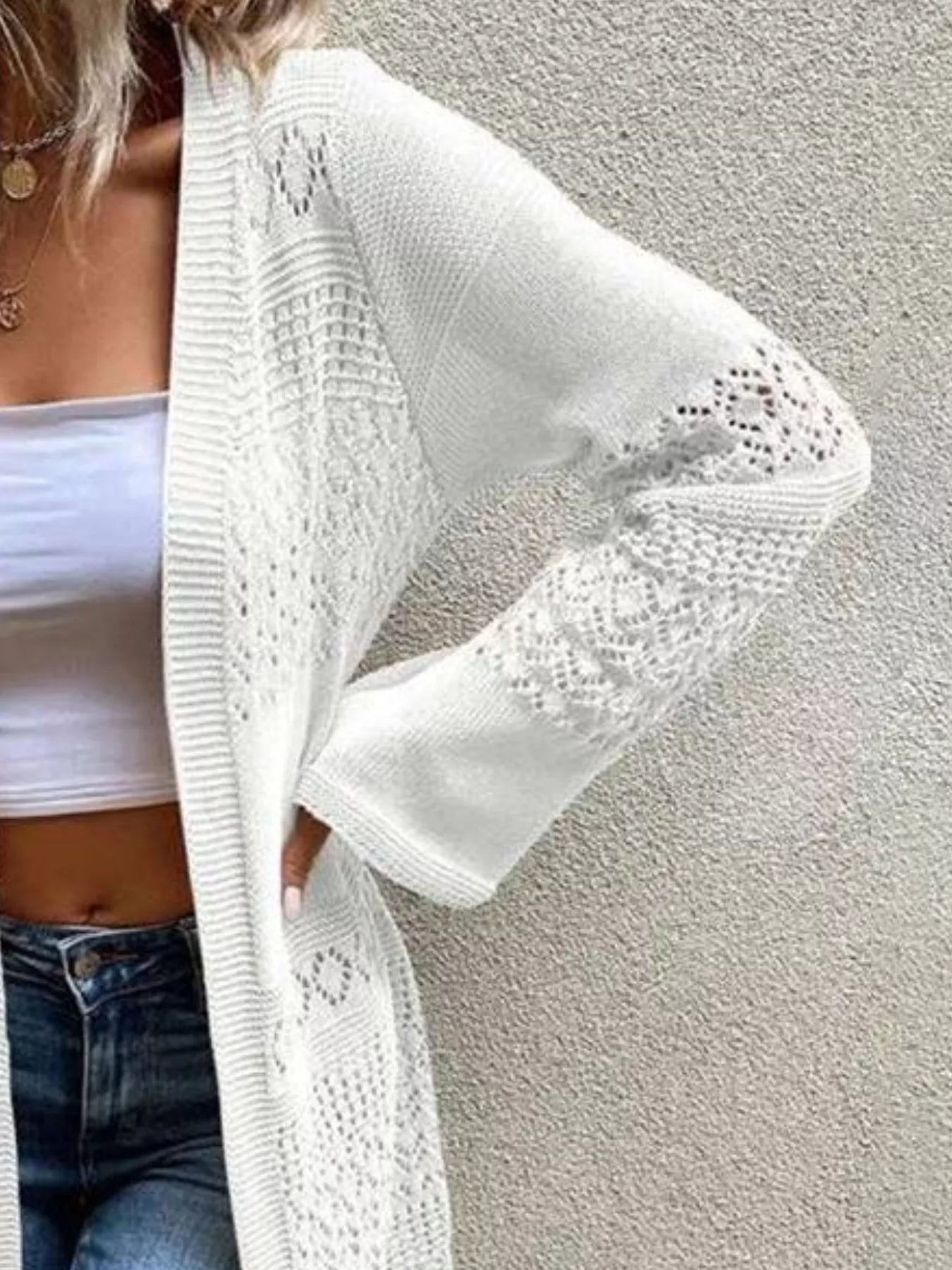 Sarah Express Women's Openwork Open Front Knit Cardigan