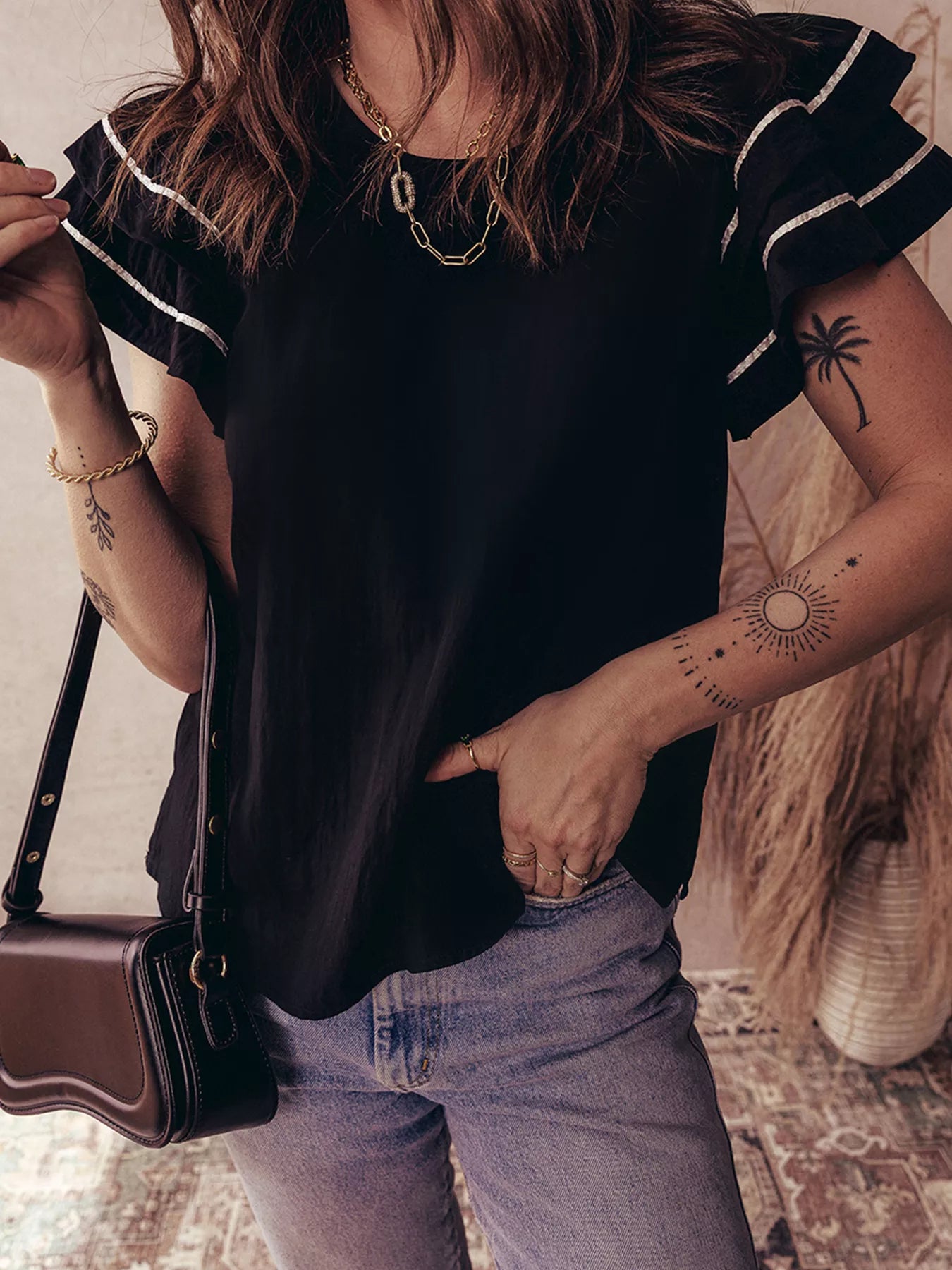 Sarah Express Women's Contrast Trim Dual Ruffle Short Sleeve Textured Blouse Black