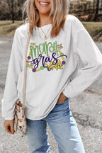 Sarah Express Women's Mardi Gras Y'all Corded Ribbed Pullover Sweatshirt White