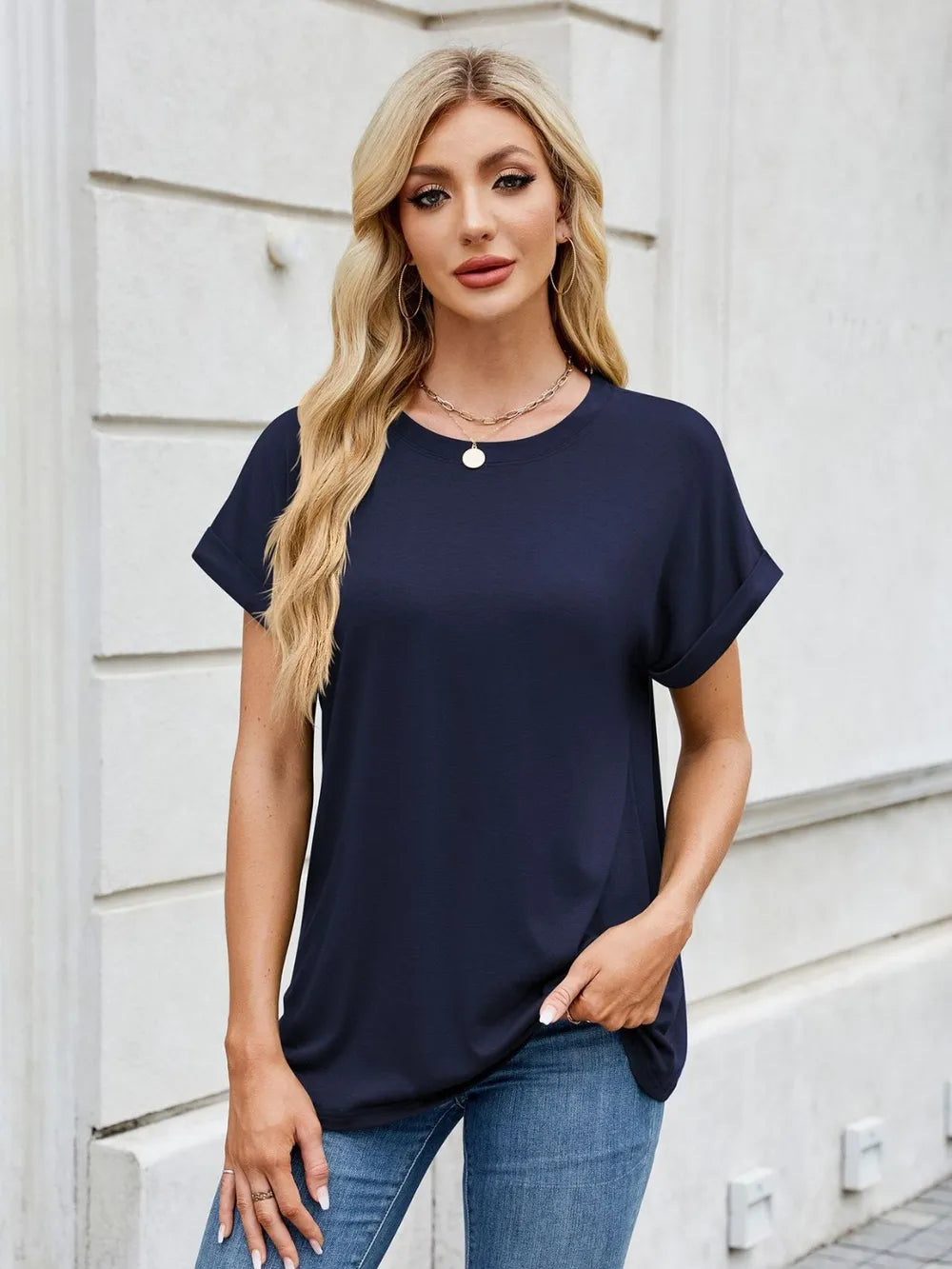 Sarah Express Women's Round Neck Short Sleeve T-Shirt - Casual Basic Tee Dark Blue