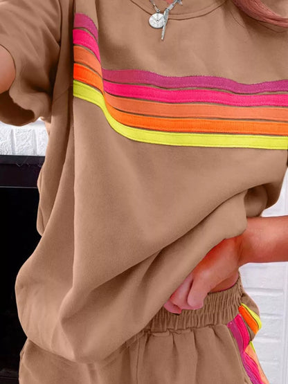 Sarah Express Women's Rainbow Striped Two Piece Set - Round Neck Top & Shorts Lounge Set