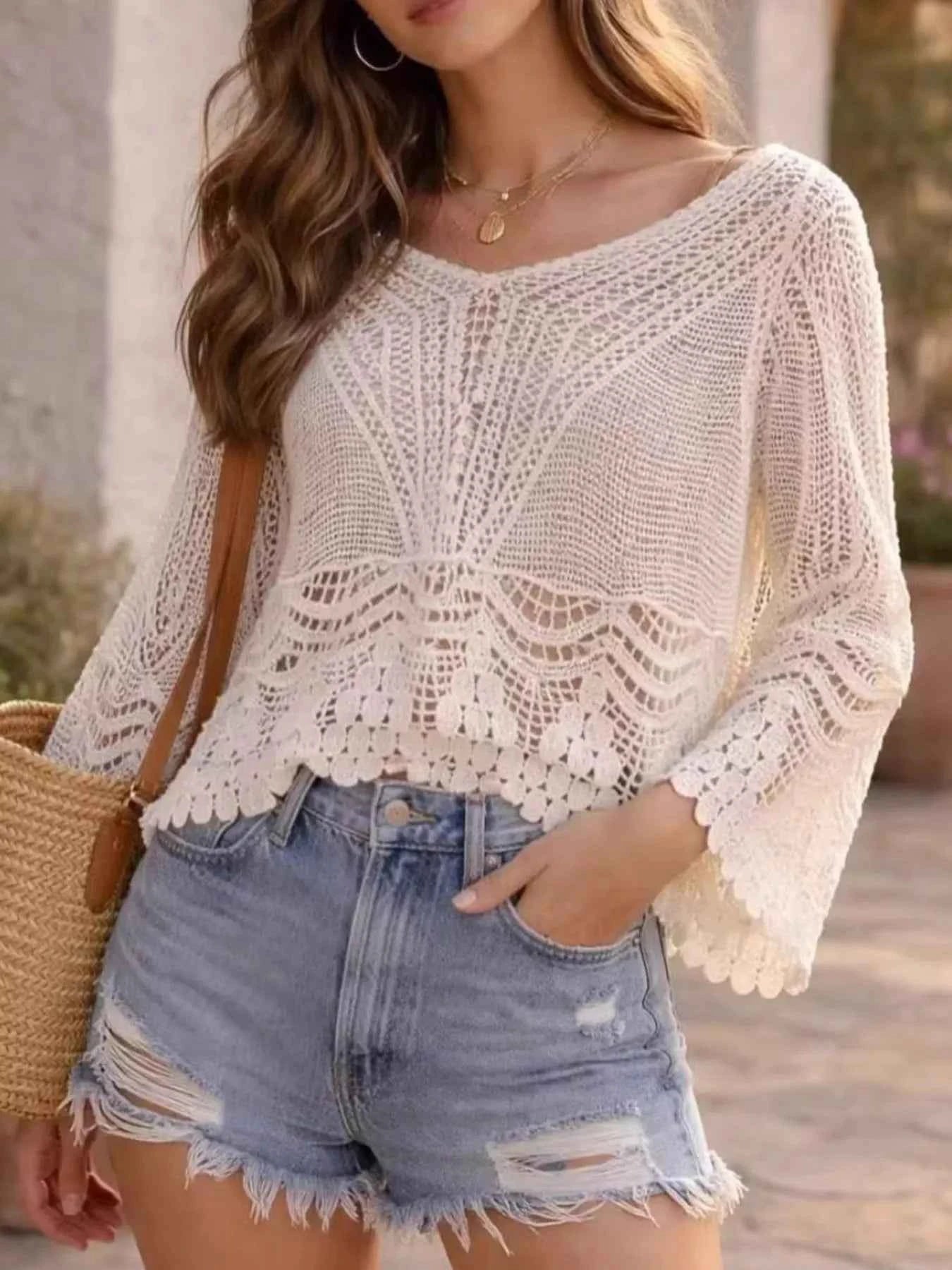 Sarah Express Women's Lightweight Crochet Knit Cover Up - Beach Resort Swimwear Apricot