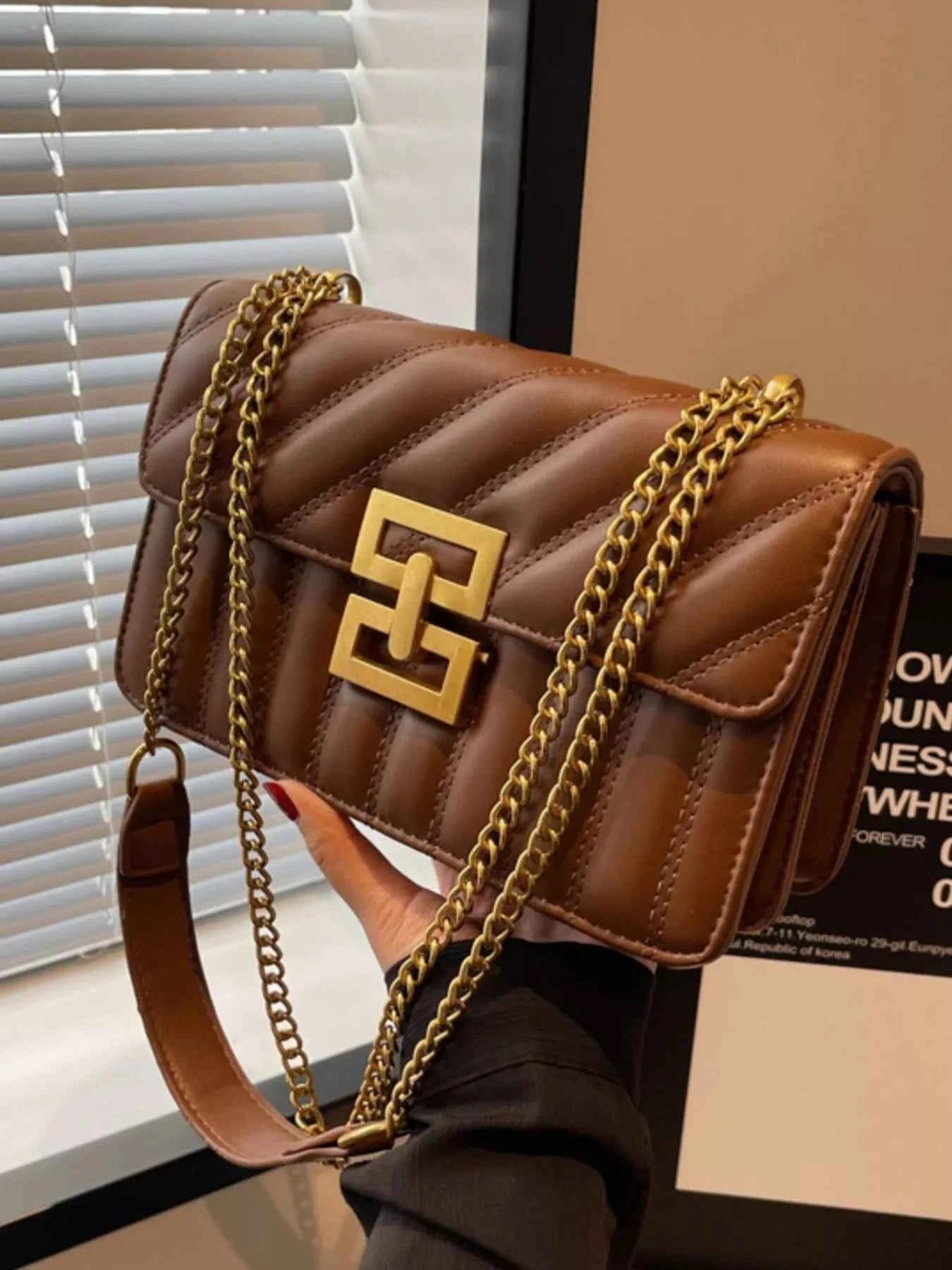 Sarah Express Women's Quilted Flap Chain Shoulder Bag - Small PU Leather Crossbody Purse Brown ONESIZE