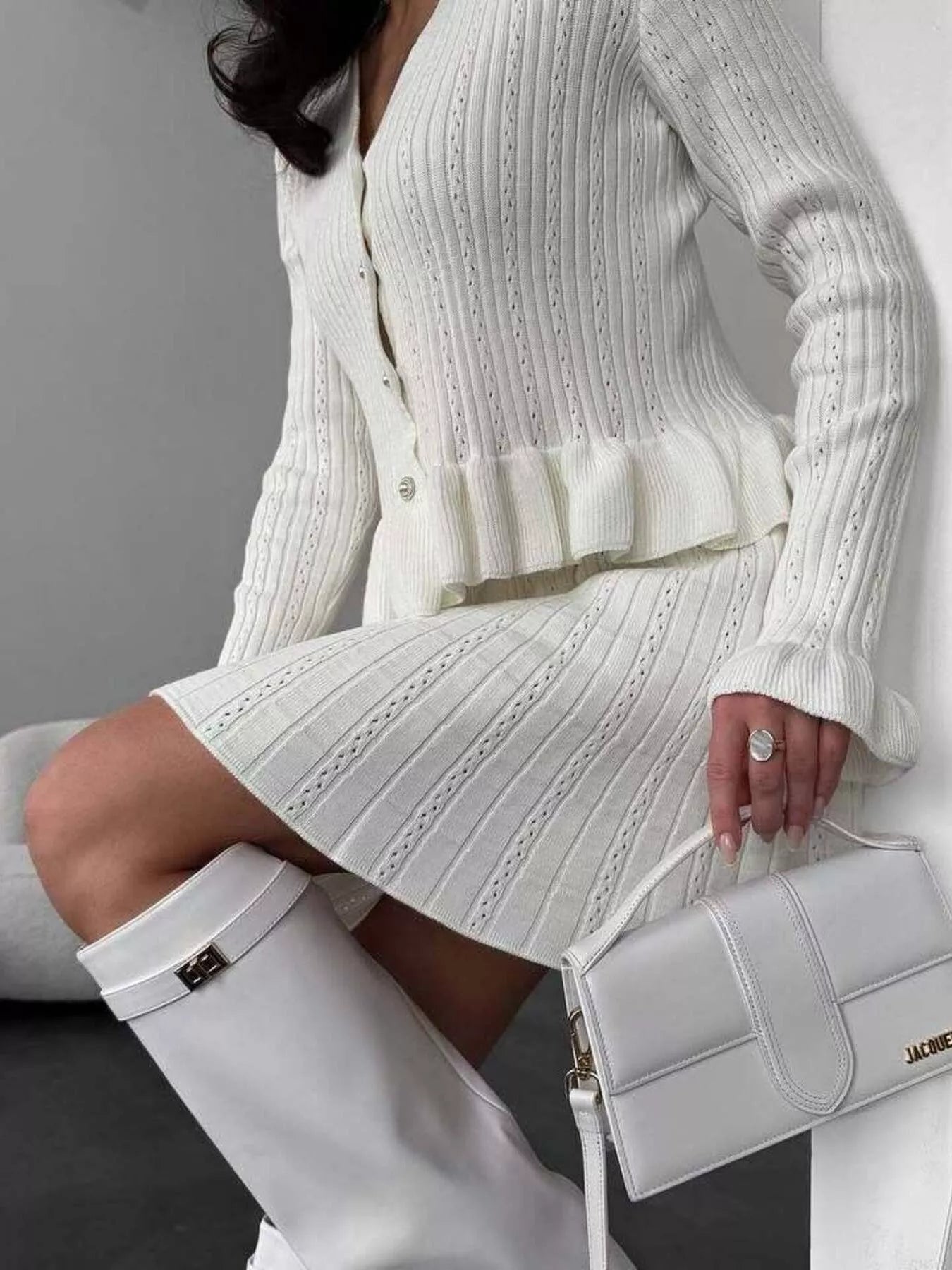 Sarah Express Women's Ruffle Trim Knit Cardigan & Skirt Set