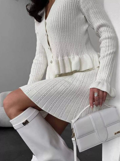 Sarah Express Women's Ruffle Trim Knit Cardigan & Skirt Set