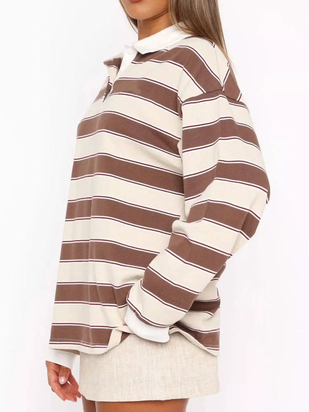 Sarah Express Women's Striped Button Detail Long Sleeve Polo