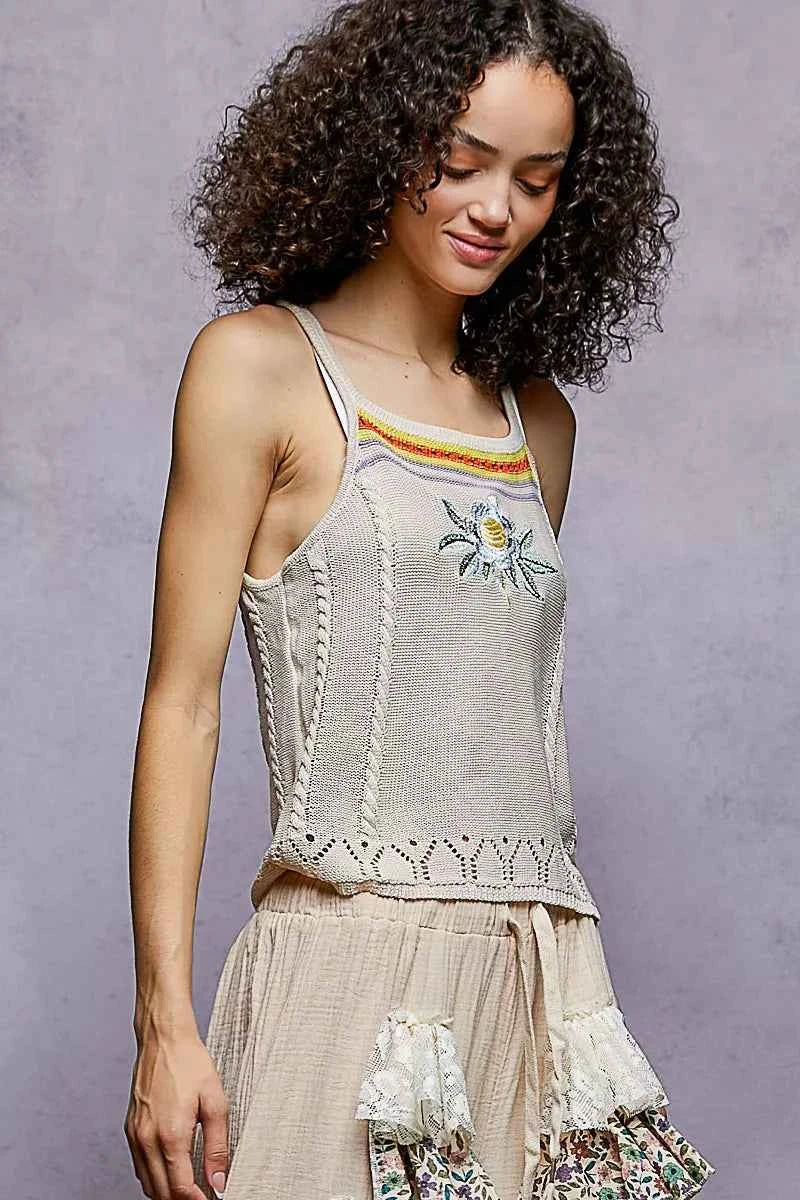 Sarah Express Women's Embroidered Floral Square Neck Knit Cami Top